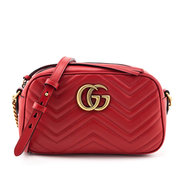 Gucci Calfskin Matelasse Mini GG Marmont Chain Crossbody Bag Hibiscus Red