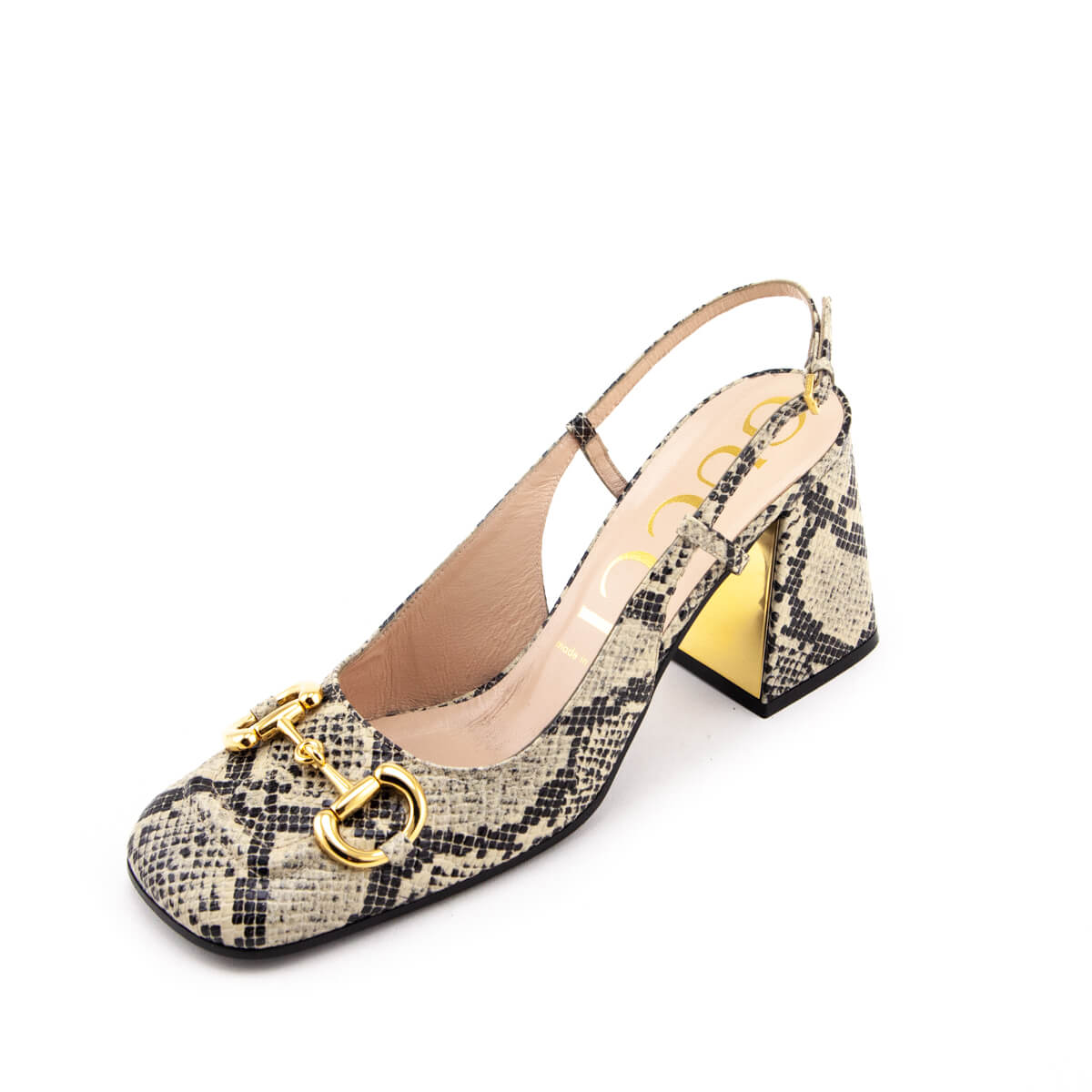 Gucci Beige & Black Leather Python Print Horsebit Accent Slingback Pumps Size 10 | EU 40 - Love that Bag etc - Preowned Authentic Designer Handbags & Preloved Fashions