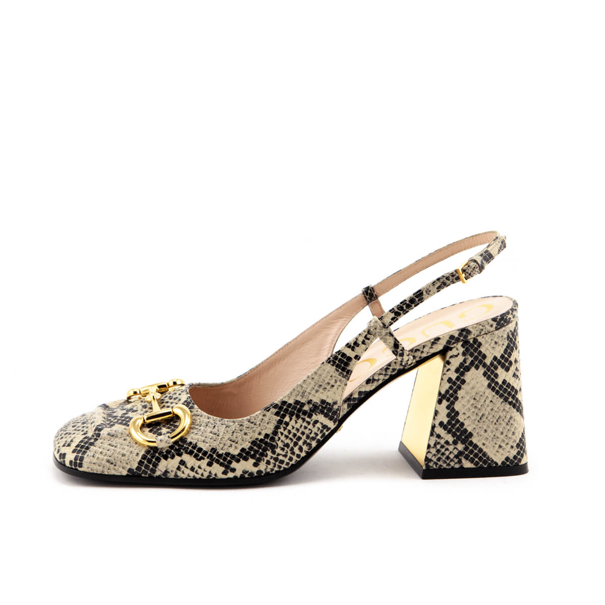 Gucci Beige & Black Leather Python Print Horsebit Accent Slingback Pumps Size 10 | EU 40 - Love that Bag etc - Preowned Authentic Designer Handbags & Preloved Fashions