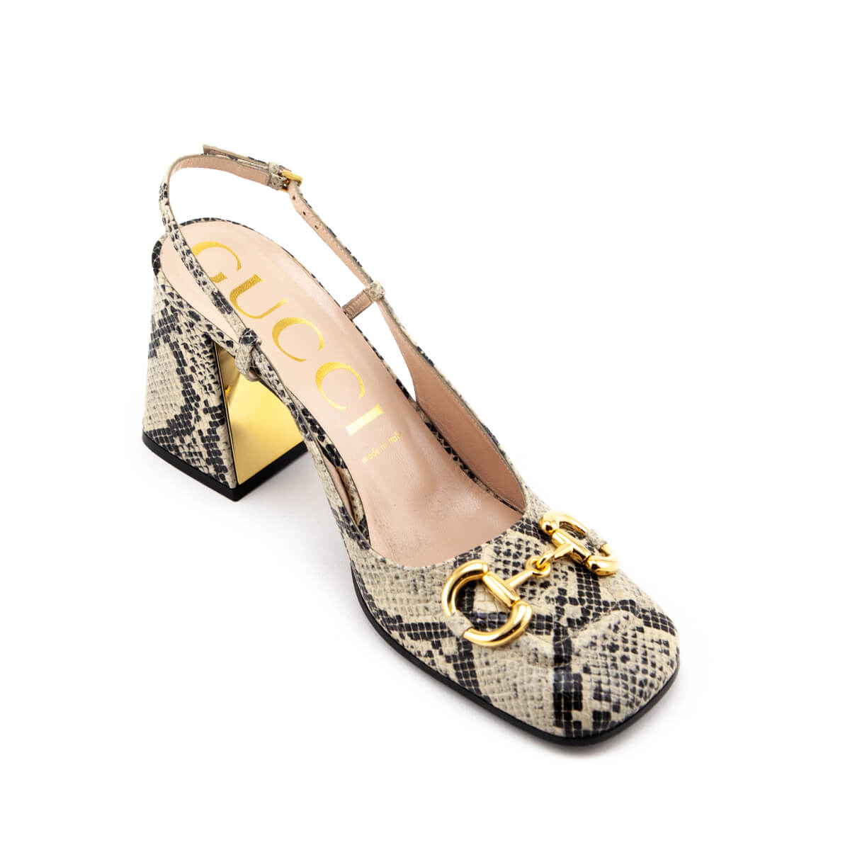 Gucci Beige & Black Leather Python Print Horsebit Accent Slingback Pumps Size 10 | EU 40 - Love that Bag etc - Preowned Authentic Designer Handbags & Preloved Fashions