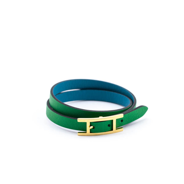 Hermes Navy/Chain Swift Leather Gold Plated BeHapi Double Tour Bracelet  Size T2 - Yoogi's Closet