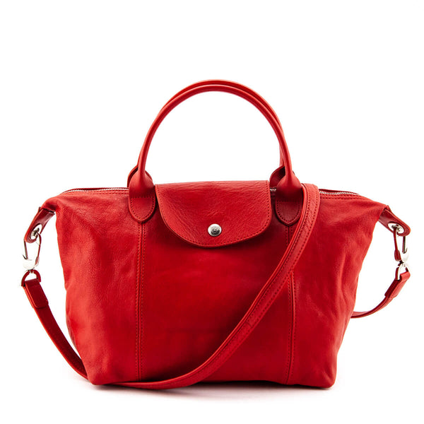 LONGCHAMP Small Le Pliage Cuir Red Leather Top Handle Bag Women’s New $565