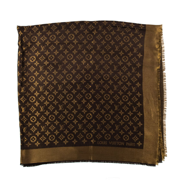 Louis Vuitton Classical Monogram Brown and Gold Shine Scarf Silk ref.47345  - Joli Closet