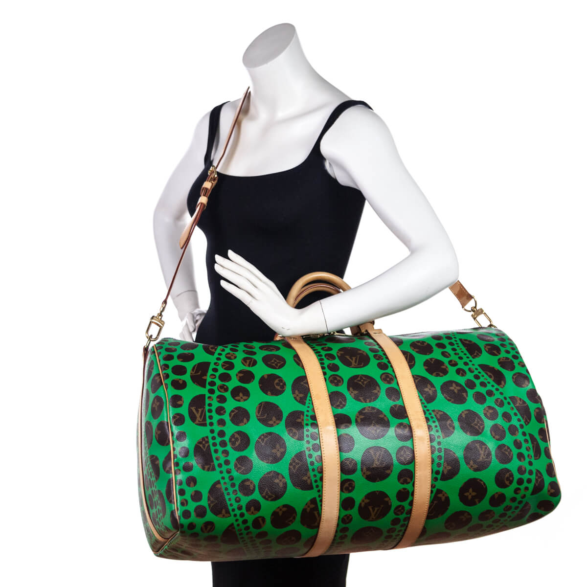 Louis Vuitton Monogram Green Kusama Pumpkin Dots Keepall Bandouliere 55 - Love that Bag etc - Preowned Authentic Designer Handbags & Preloved Fashions