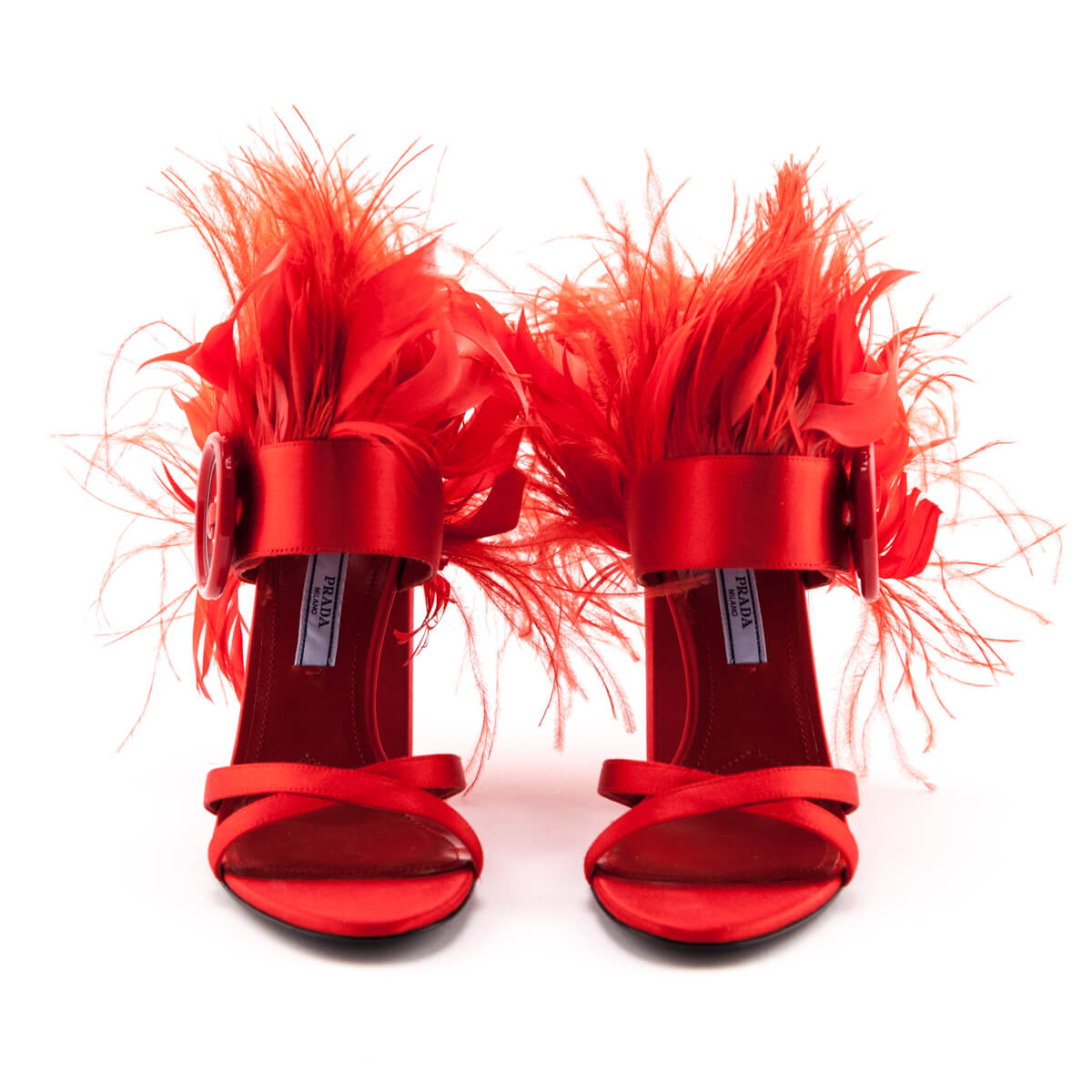 Prada Red Satin Feather Embellished Sandals Size US 6 | EU 36 - Love that Bag etc - Preowned Authentic Designer Handbags & Preloved Fashions