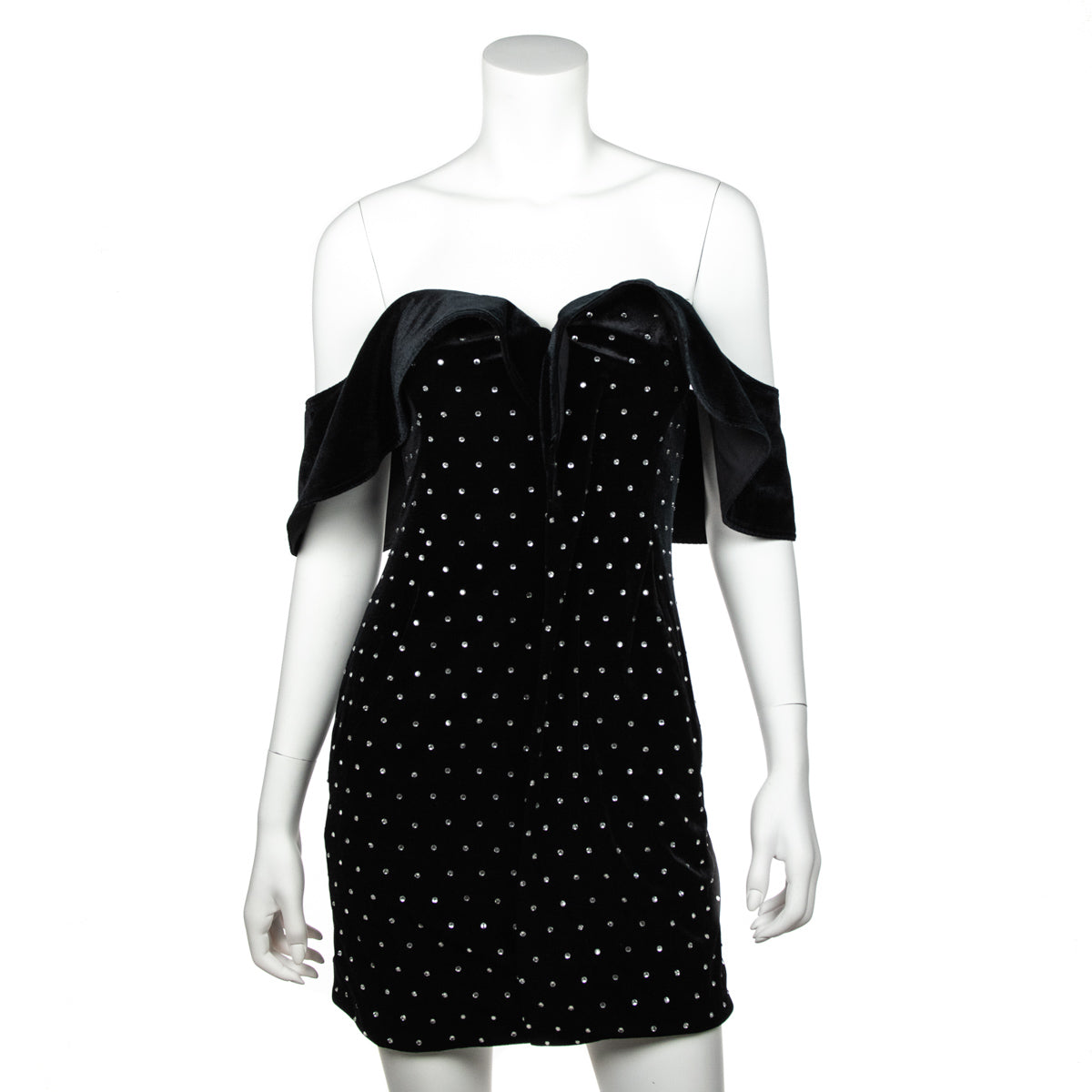 Self-Portrait Black Velvet Rhinestone-Embellished Off-the-Shoulder Mini Dress Self-Portrait Black Velvet Rhinestone-Embellished Off-the-Shoulder Mini Dress