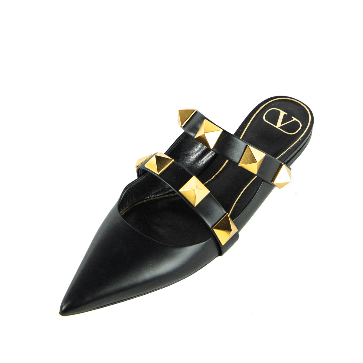 Black Leather Roman Stud Flat Mule