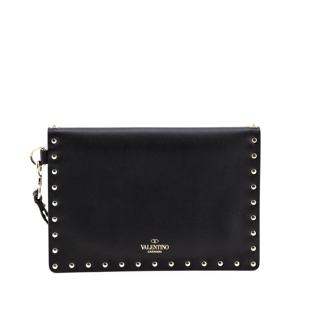 Valentino Black Smooth Calfskin Rockstud Medium Flat Pouch Wristlet - Love that Bag etc - Preowned Authentic Designer Handbags & Preloved Fashions