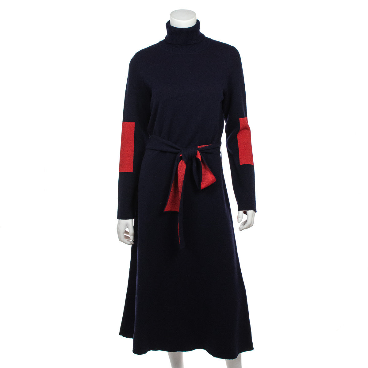 Victoria Beckham Navy & Red Wool Knit Belted Dress Size XL | UK 16