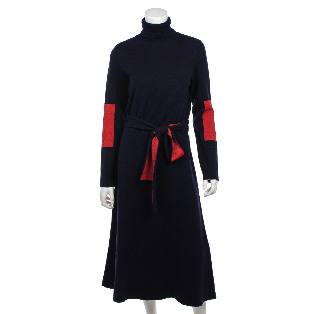 Victoria Beckham Navy & Red Wool Knit Belted Dress Size XL | UK 16 - Love that Bag etc - Preowned Authentic Designer Handbags & Preloved Fashions
