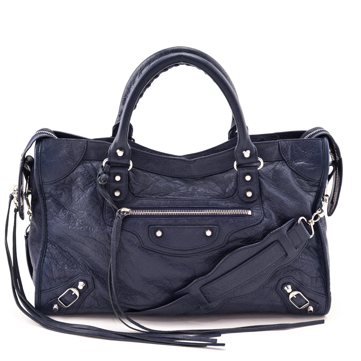 Balenciaga Navy Agneau Classic Hardware City Bag