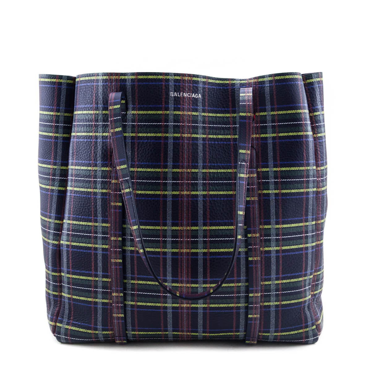Balenciaga Navy Plaid Double Sided Small Everyday Tote