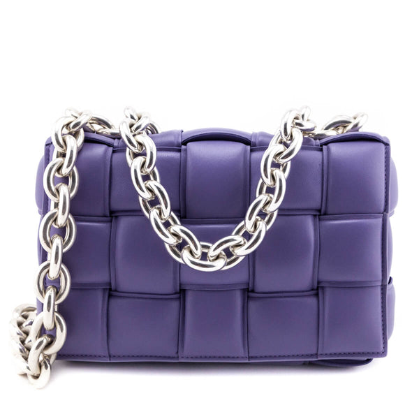 Bottega Veneta Padded Cassette Shoulder Bag Patent Leather Purple Preowned