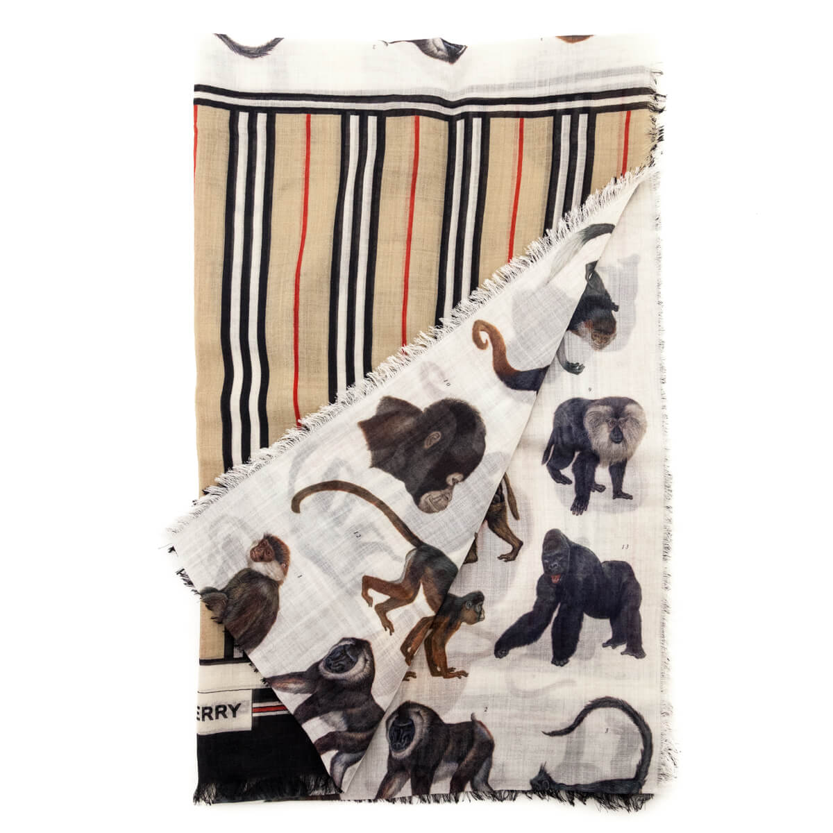Burberry Archive Beige Wool & Silk Illustrated Monkey Stripe Oblong Gauze Scarf - Love that Bag etc - Preowned Authentic Designer Handbags & Preloved Fashions