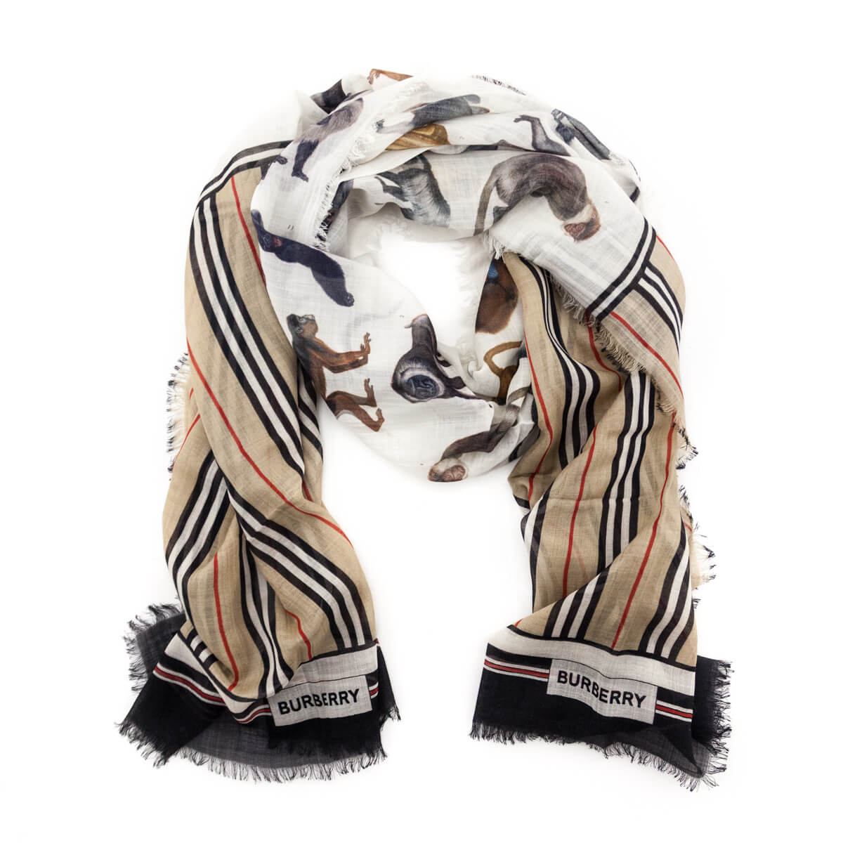 Burberry Archive Beige Wool & Silk Illustrated Monkey Stripe Oblong Gauze Scarf - Love that Bag etc - Preowned Authentic Designer Handbags & Preloved Fashions