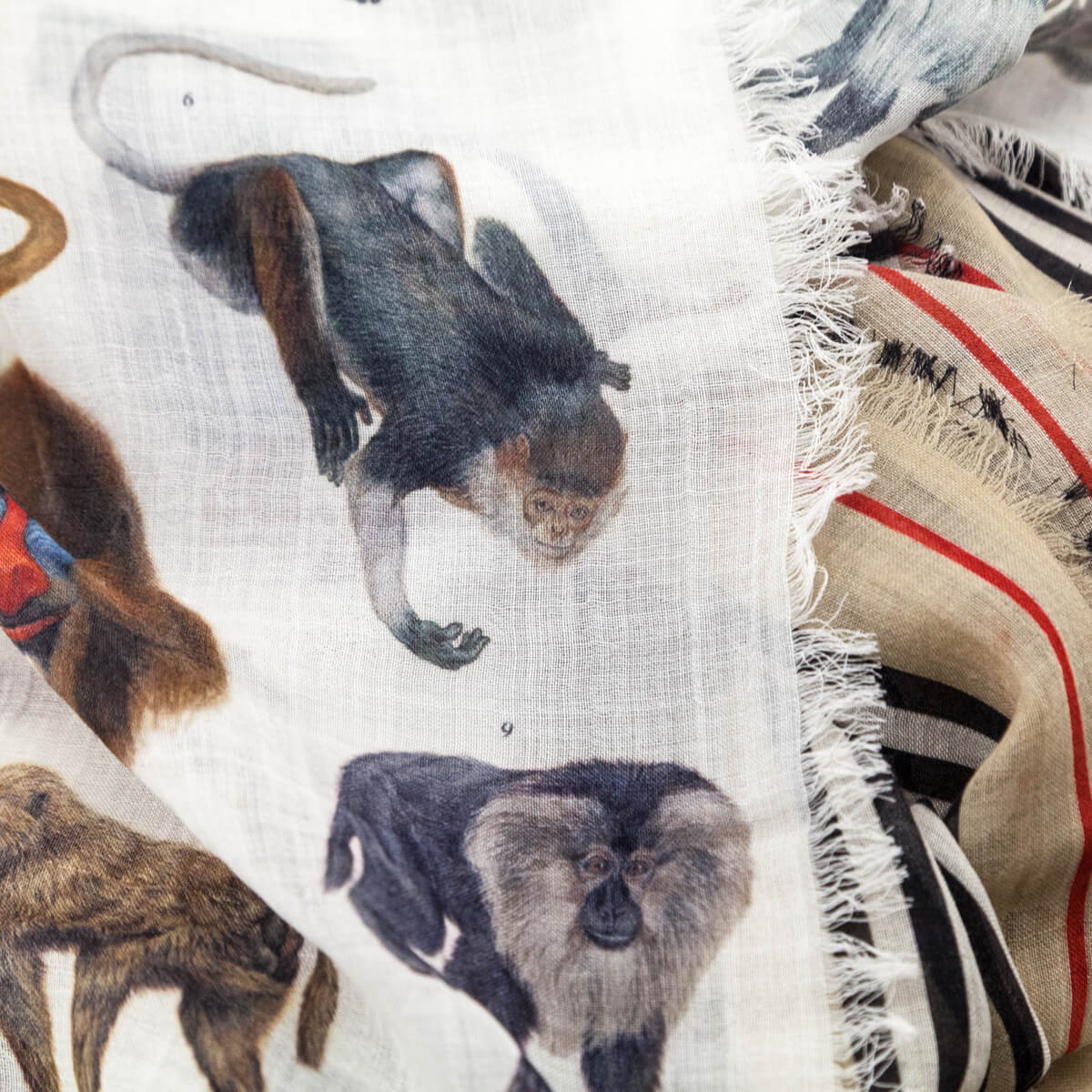 Burberry Archive Beige Wool & Silk Illustrated Monkey Stripe Oblong Gauze Scarf - Love that Bag etc - Preowned Authentic Designer Handbags & Preloved Fashions