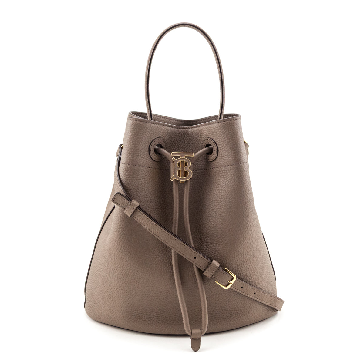 Burberry Light Saddle Brown Grainy Calfskin Small TB Drawstring Bucket - Love that Bag etc - Preowned Authentic Designer Handbags & Preloved Fashions