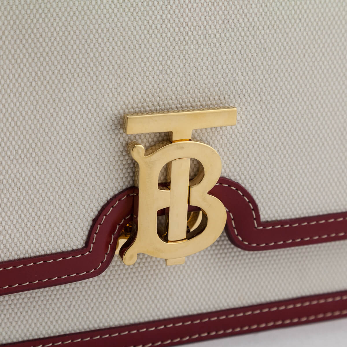 Burberry Natural Canvas & Dark Red Calfskin Small TB Bag