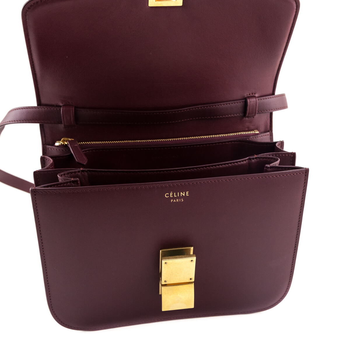 Celine Burgundy Box Calfskin Medium Classic Box Flap