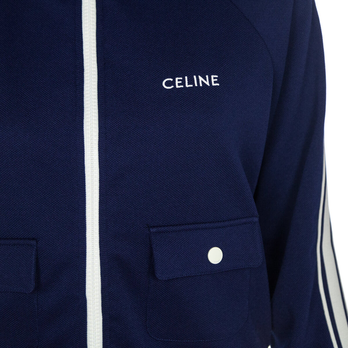 Celine Navy & Off White Texturized Jersey Cropped Tracksuit Jacket & Skirt Set Size M/L - Love that Bag etc - Preowned Authentic Designer Handbags & Preloved Fashions