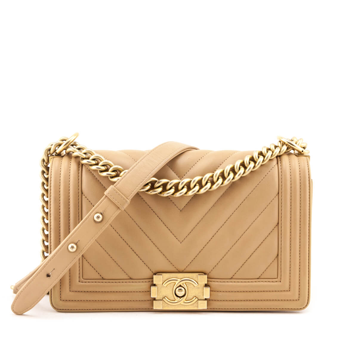 Chanel Beige Calfskin Chevron Quilted Medium Boy Flap - Love that Bag etc - Preowned Authentic Designer Handbags & Preloved Fashions