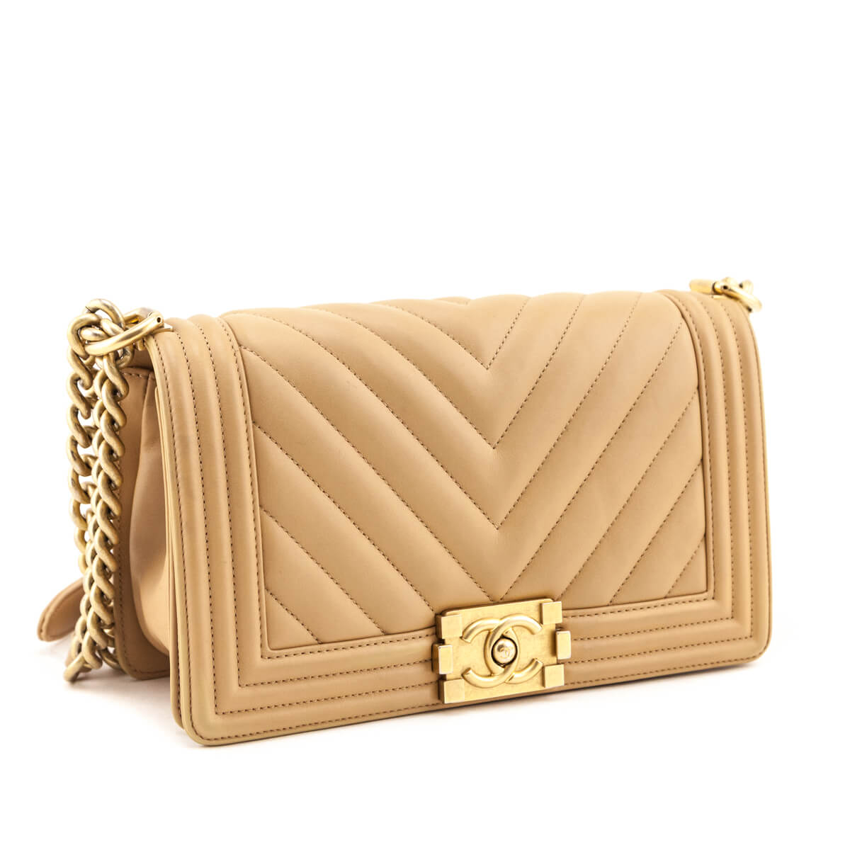 Chanel Beige Calfskin Chevron Quilted Medium Boy Flap - Love that Bag etc - Preowned Authentic Designer Handbags & Preloved Fashions