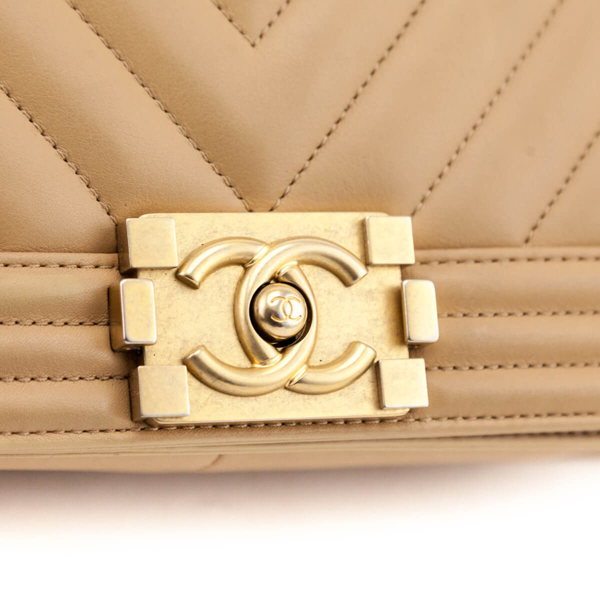 Chanel Beige Calfskin Chevron Quilted Medium Boy Flap - Love that Bag etc - Preowned Authentic Designer Handbags & Preloved Fashions