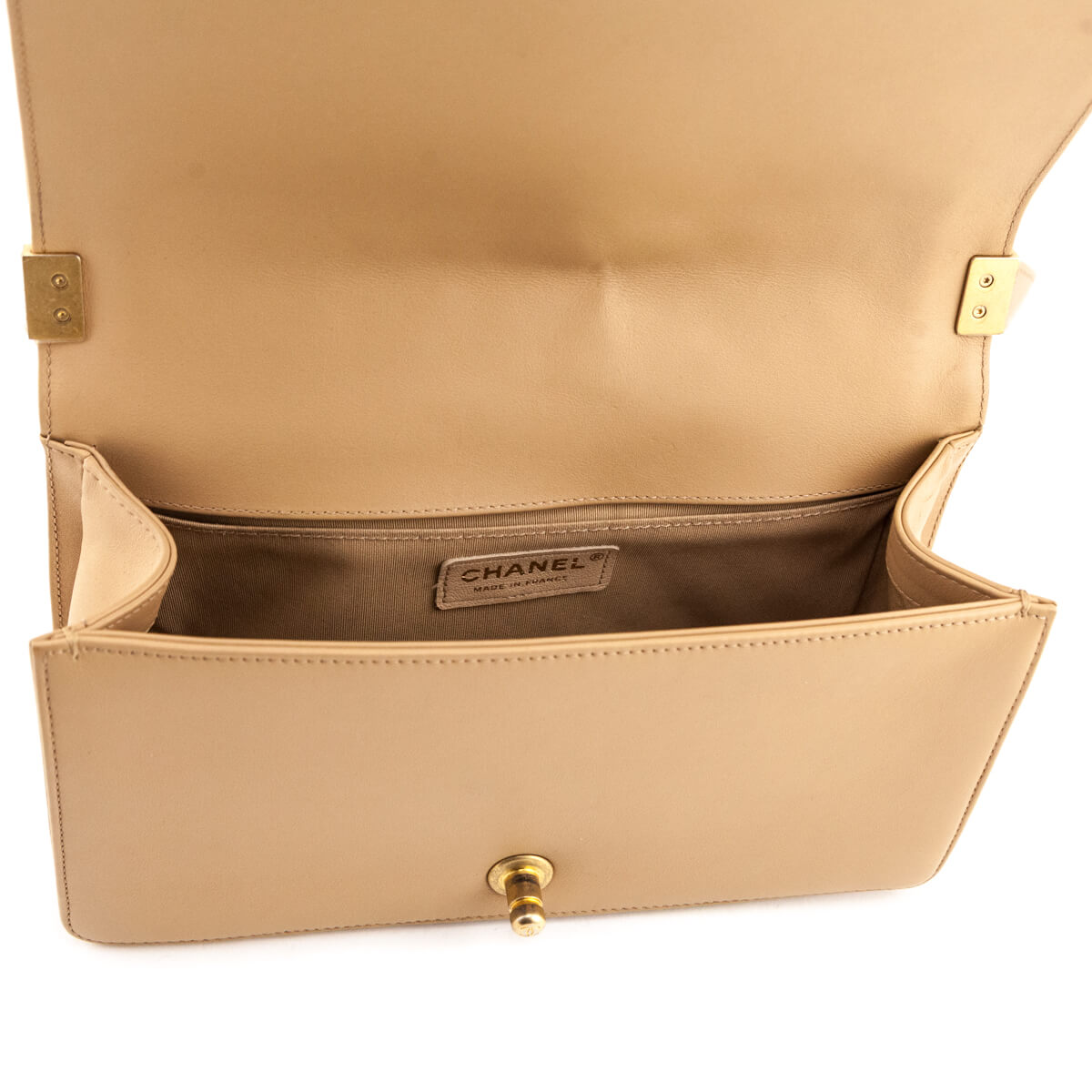 Chanel Beige Calfskin Chevron Quilted Medium Boy Flap - Love that Bag etc - Preowned Authentic Designer Handbags & Preloved Fashions