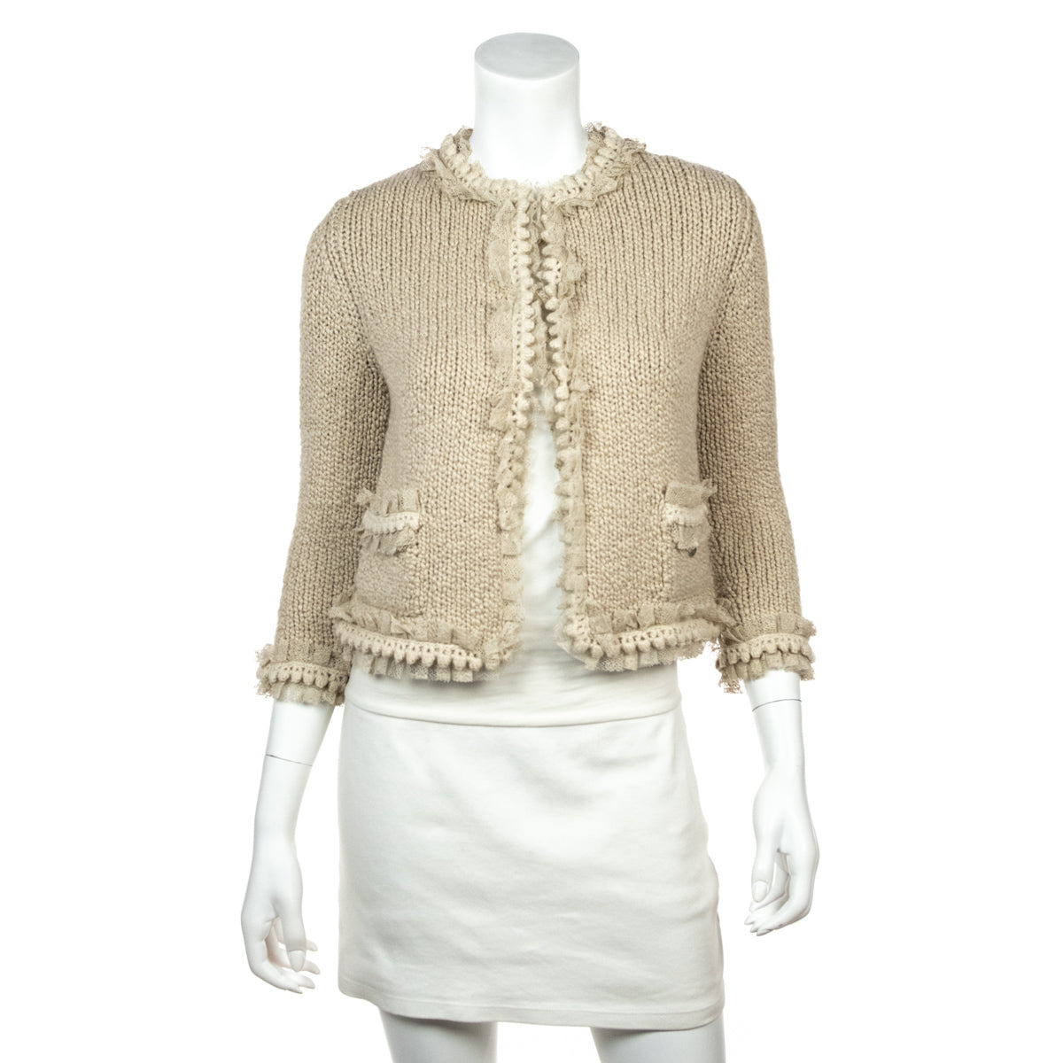 Chanel Beige Cashmere Knit Lace Embellished Jacket Size S | US 6 | FR 38 - Love that Bag etc - Preowned Authentic Designer Handbags & Preloved Fashions