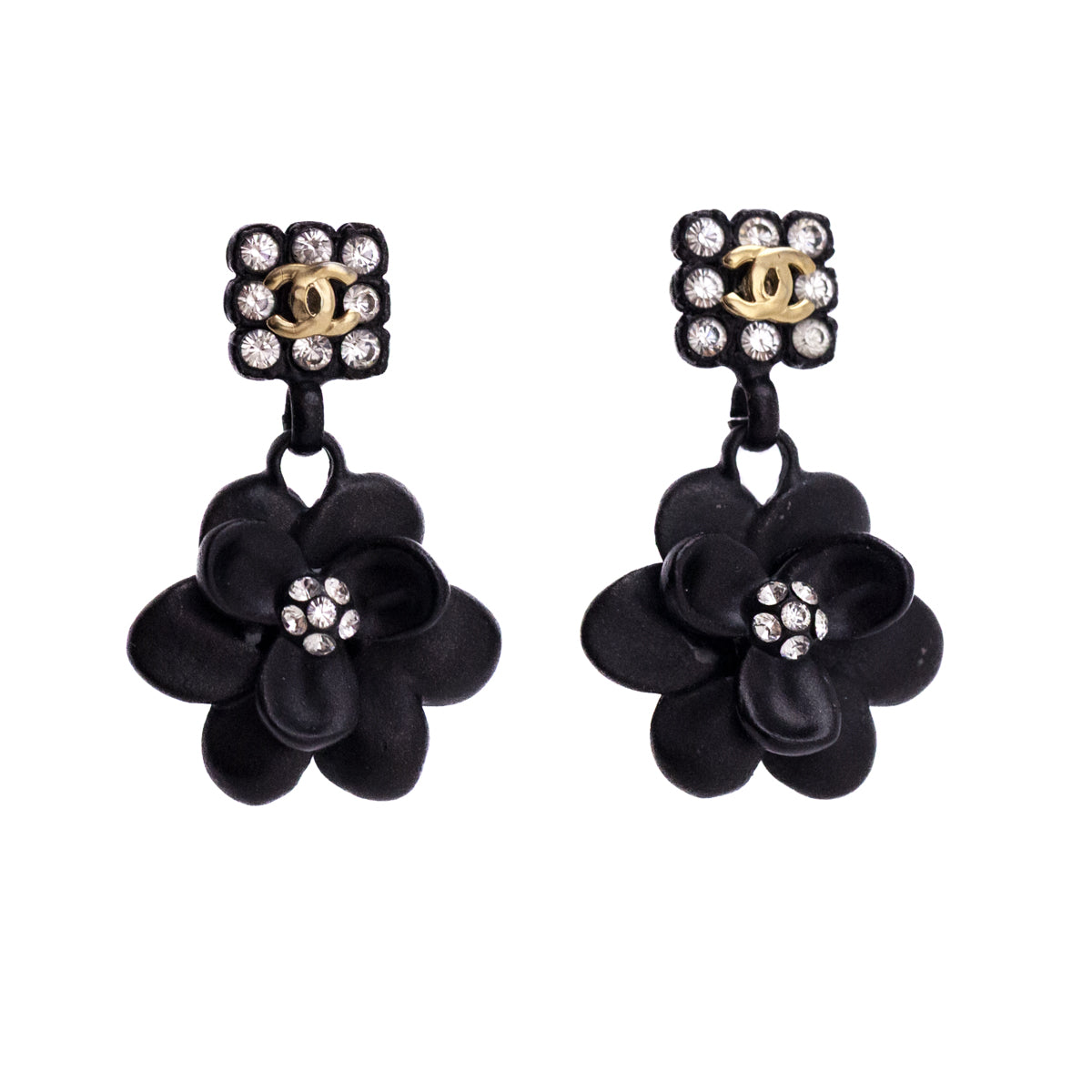 Chanel Black Camelia & Crystal CC 2002 Drop Earrings