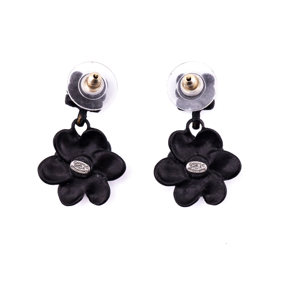 Chanel Black Camelia & Crystal CC 2002 Drop Earrings