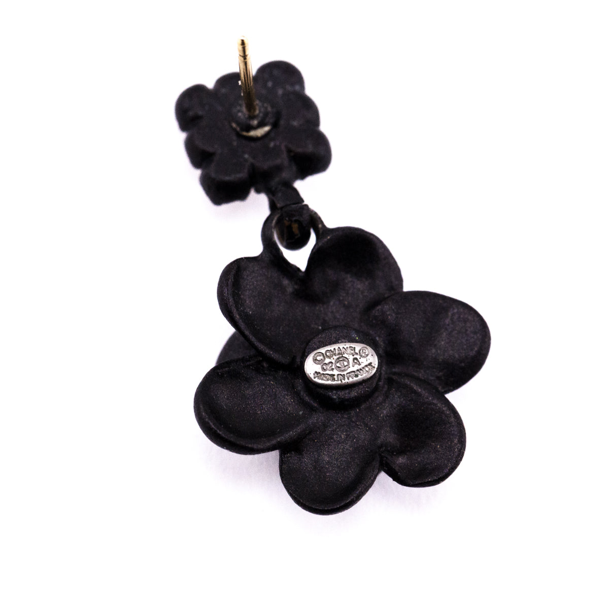 Chanel Black Camelia & Crystal CC 2002 Drop Earrings