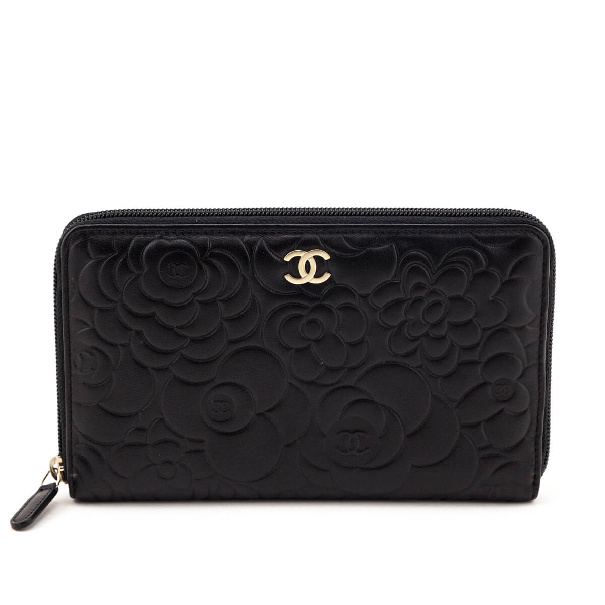 Chanel Black Camellia Embossed Lambskin Long Zip Wallet - Love that Bag etc - Preowned Authentic Designer Handbags & Preloved Fashions