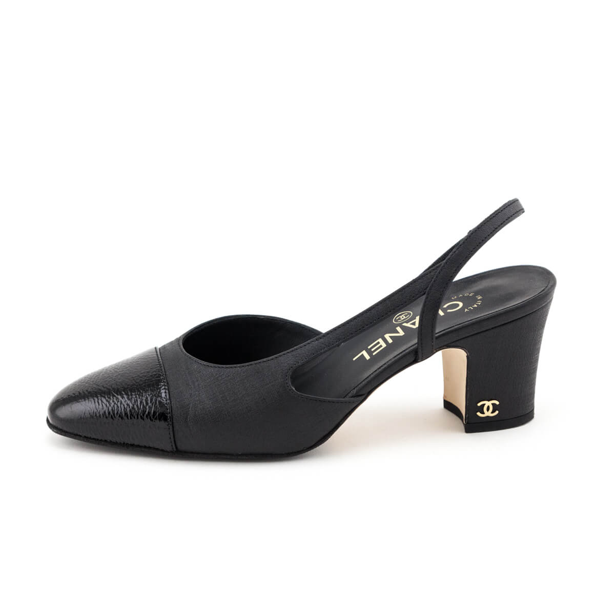 Chanel Black Cap Toe CC Slingback Pumps Preloved Authentic