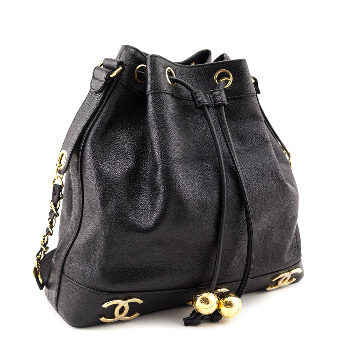 Chanel Black Caviar Vintage Triple CC Drawstring Bucket Bag