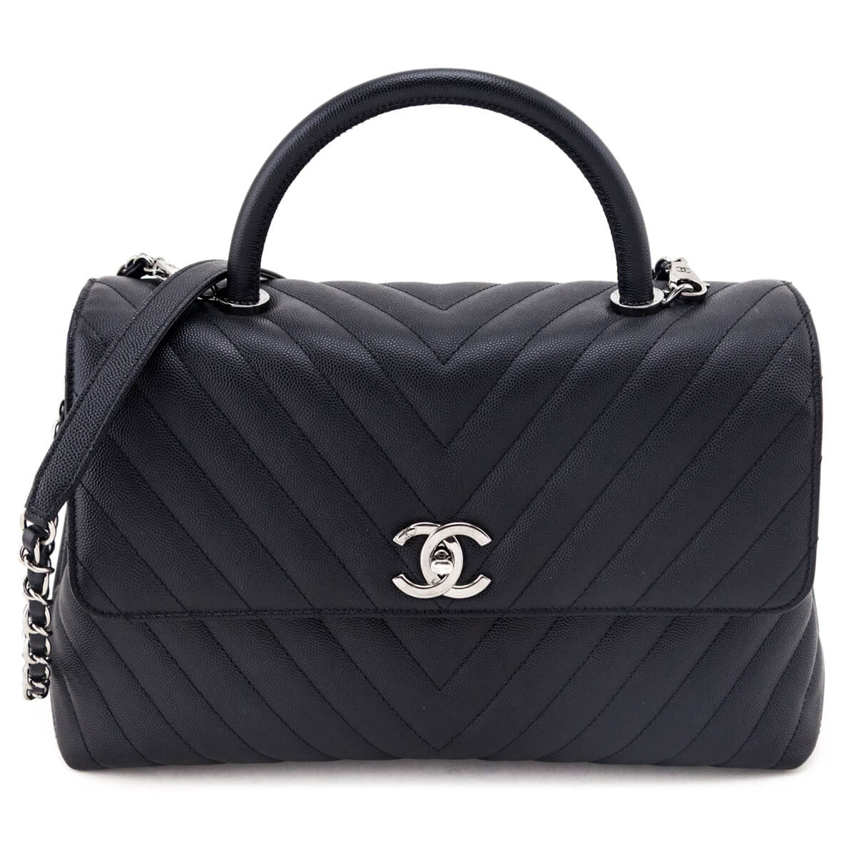 Chanel Black Caviar Chevron Medium Coco Handle Flap Bag