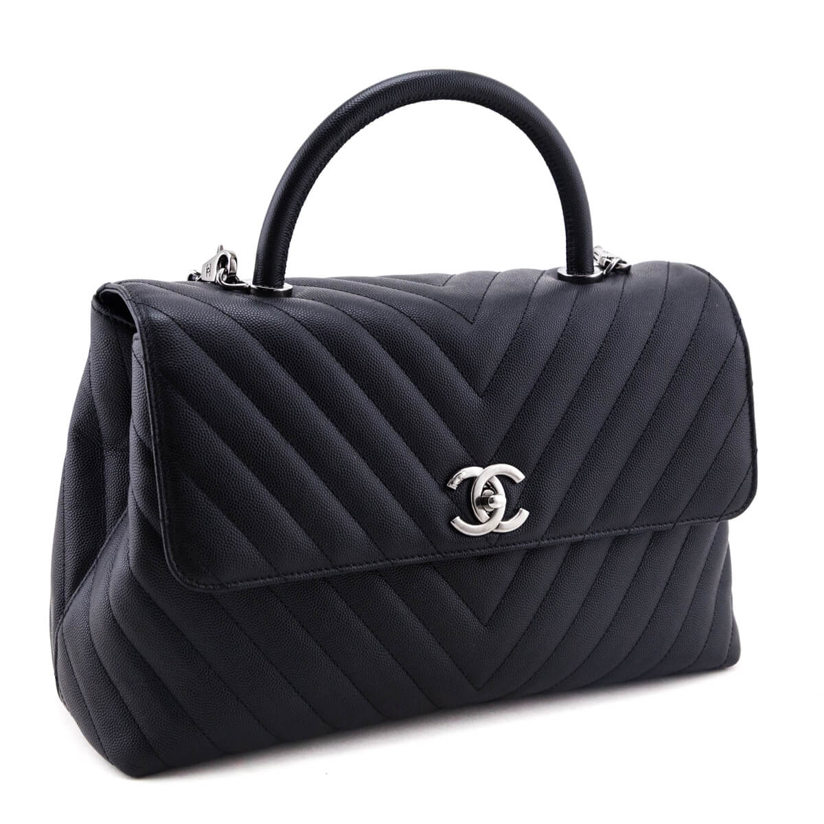 Chanel Black Caviar Chevron Medium Coco Handle Flap Bag