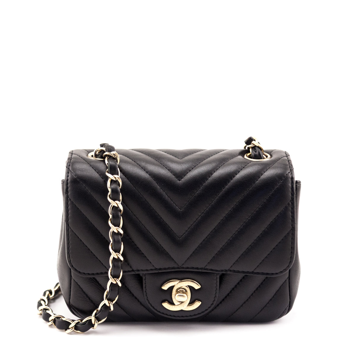 Chanel Black Lambskin Chevron Quilted Mini Square Flap - Love that Bag etc - Preowned Authentic Designer Handbags & Preloved Fashions