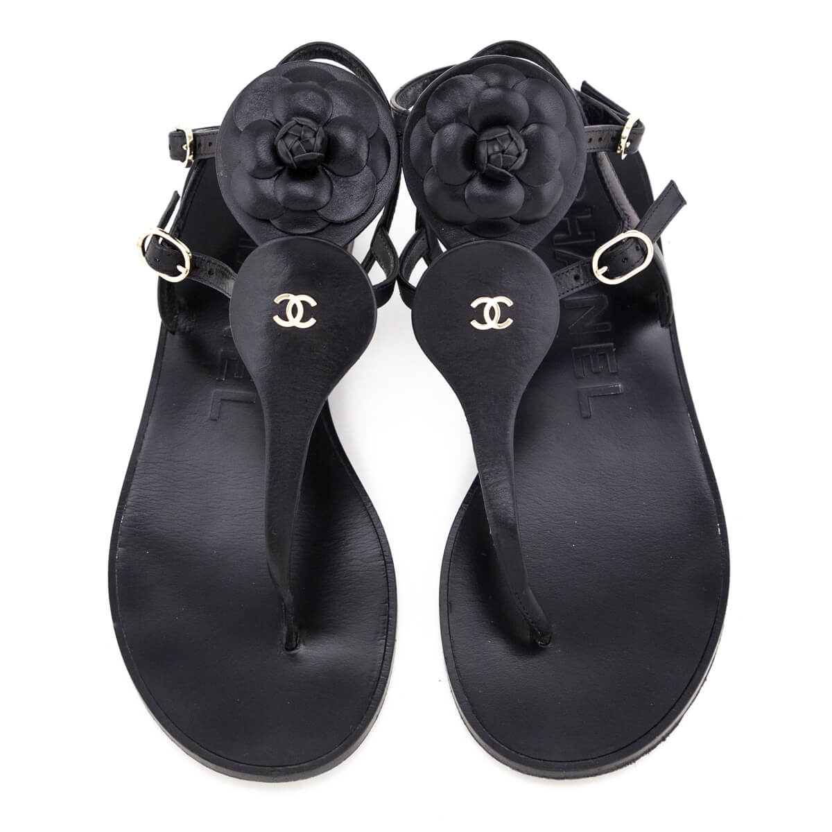 Chanel Black Leather Camellia T-Strap Sandals Size US 8 | EU 38 - Love that Bag etc - Preowned Authentic Designer Handbags & Preloved Fashions
