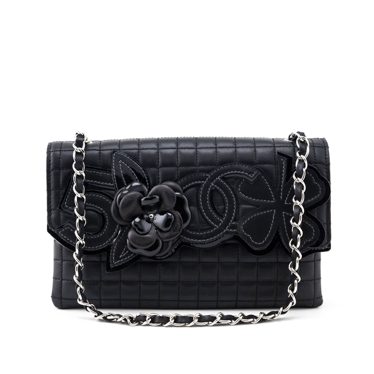 Chanel Black Quilted Lambskin Chocolate Bar Camellia No. 5
