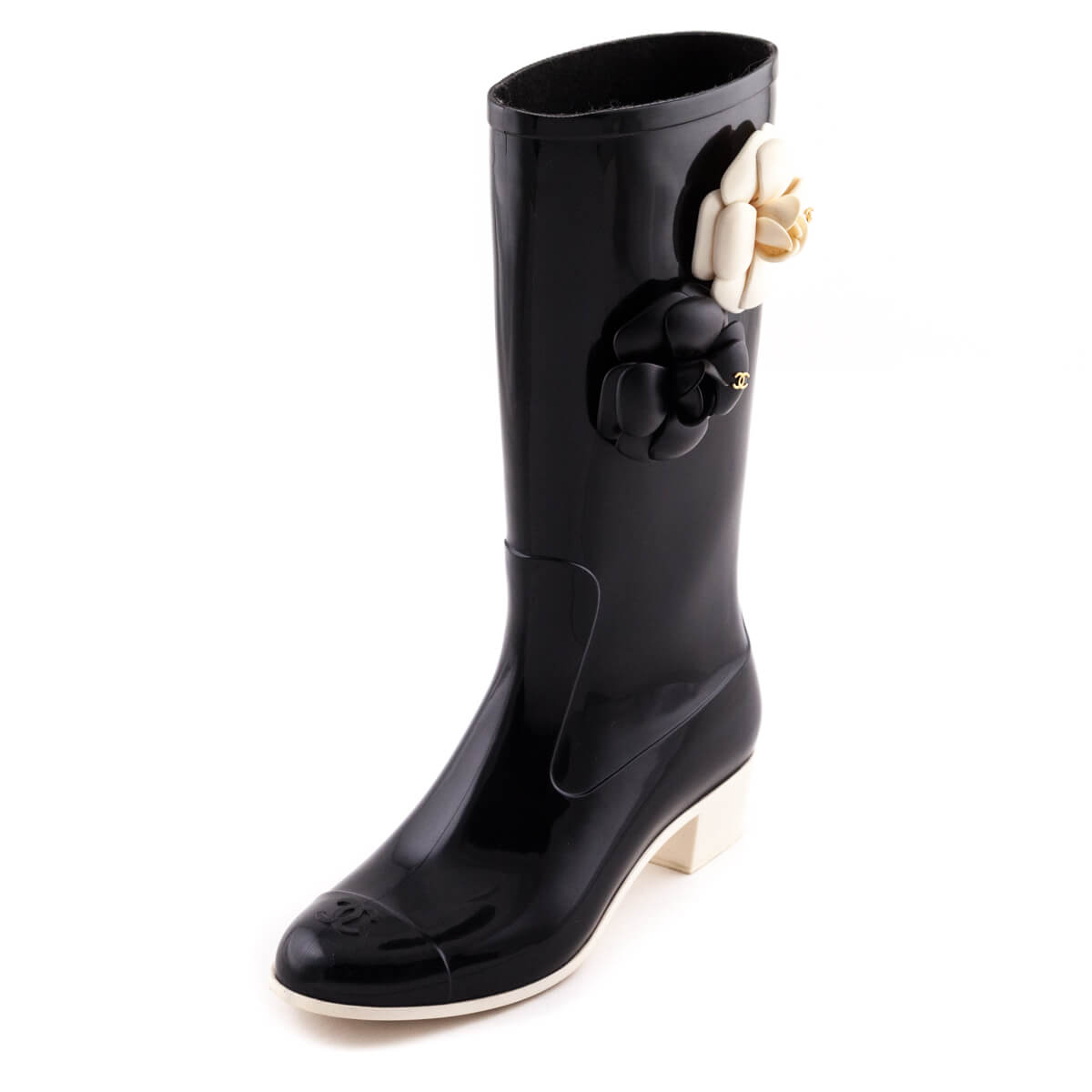 Chanel Women's 36 Rubber Camellia CC Logo Rain Boots 1026c46