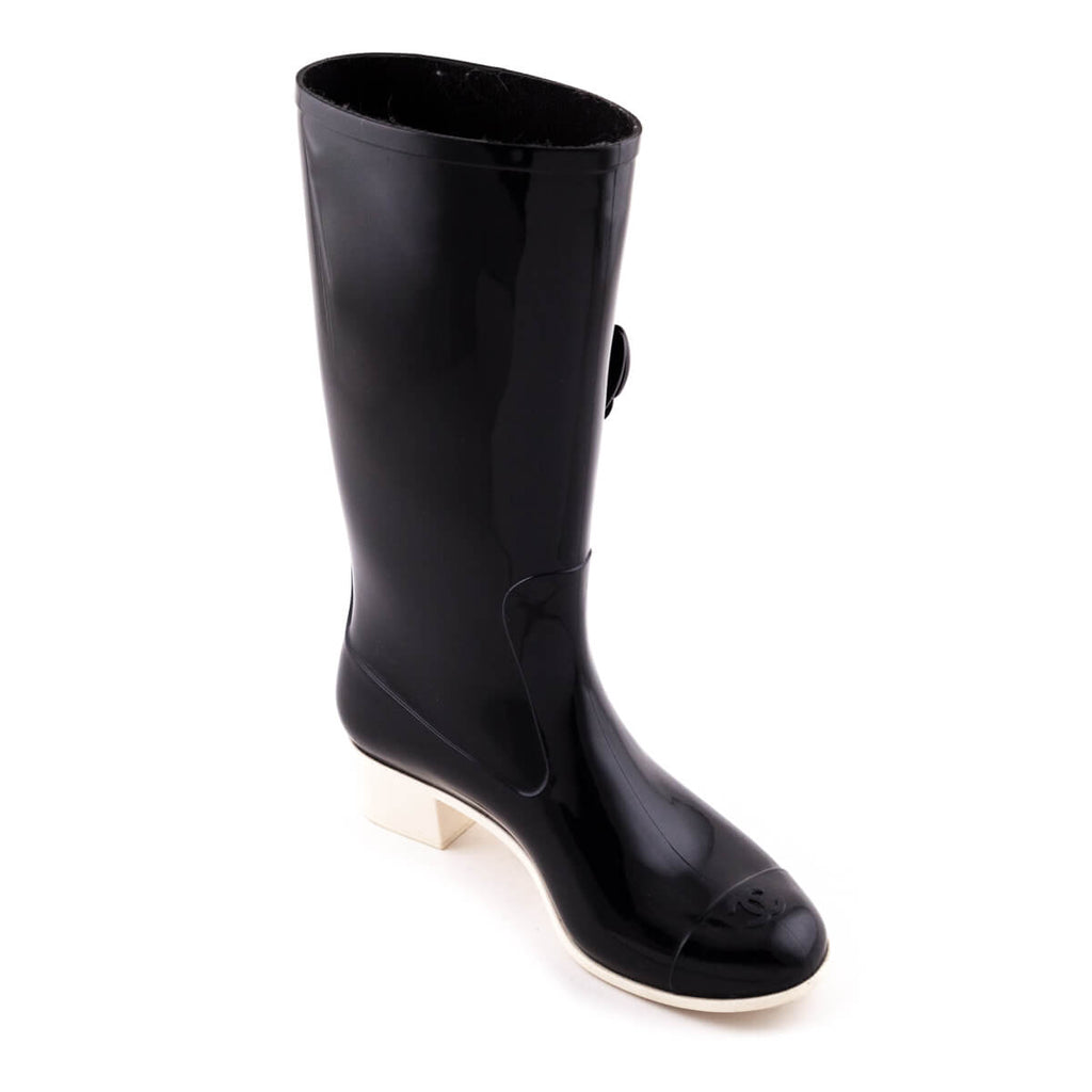 Chanel Black Rubber Camellia Flower Rain Boots Size 6.5/37 - Yoogi's Closet