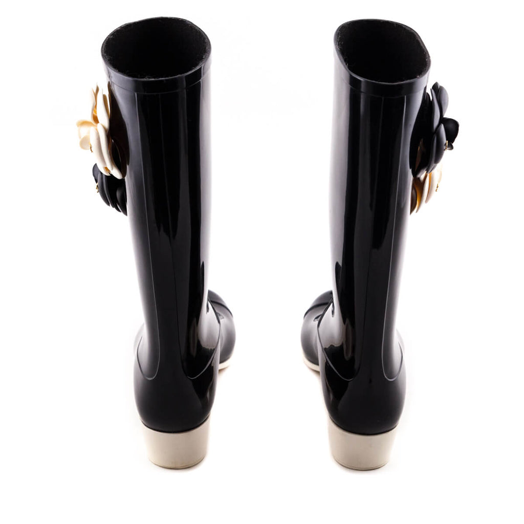 Chanel Black Rubber Camellia Flower Rain Boots Size 6.5/37 - Yoogi's Closet