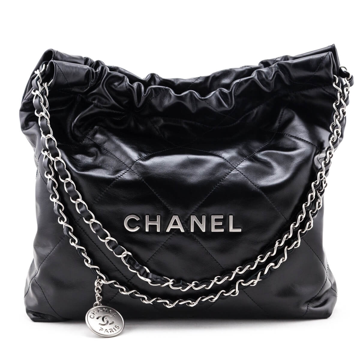 Chanel Black Shiny Calfskin Quilted Small Chanel 22 Bag – Love