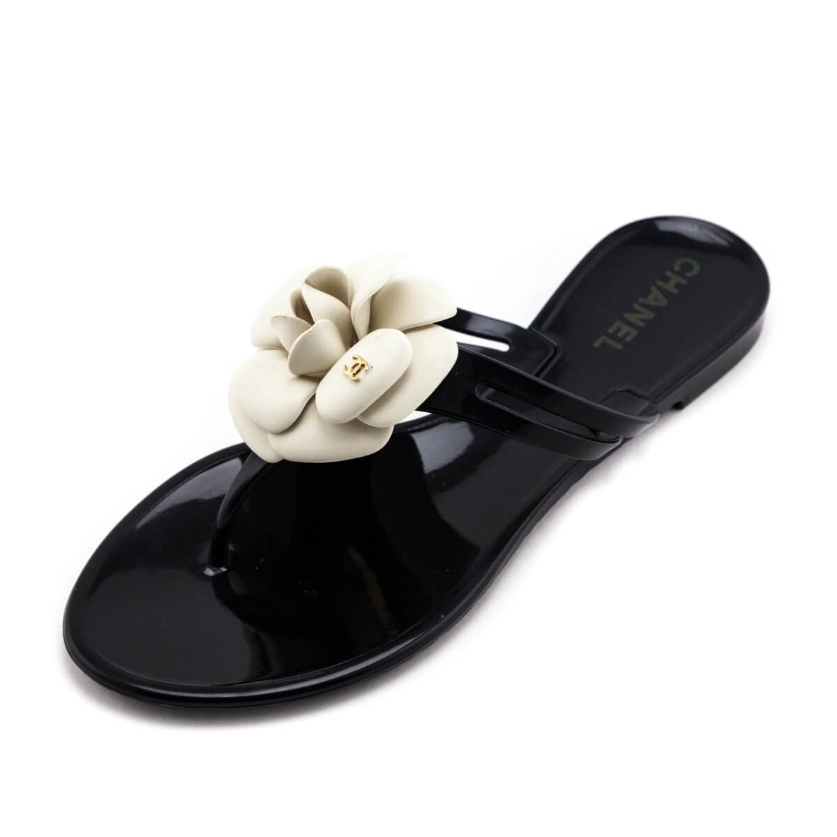 Chanel Black & Ivory Camellia Jelly Sandals - Preowned Chanel