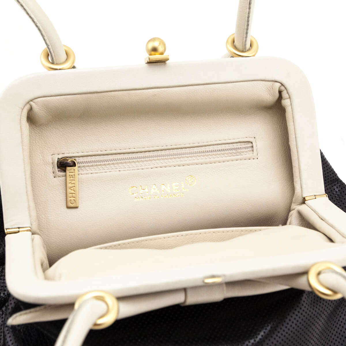 Chanel Black & White Perforated Bow Frame Bag - Love that Bag etc - Preowned Authentic Designer Handbags & Preloved Fashions