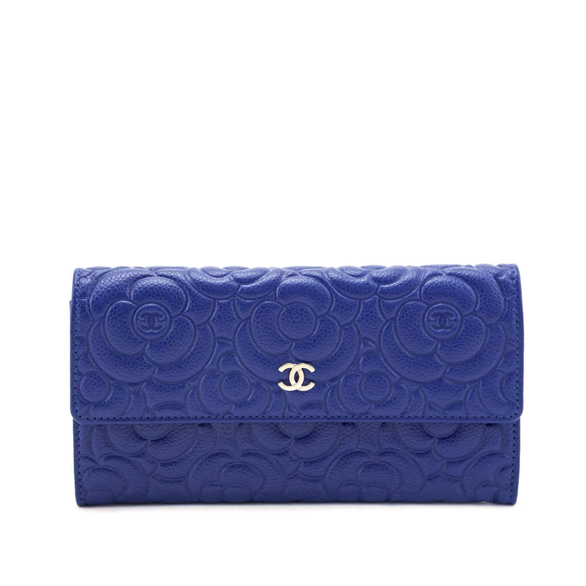 Chanel Blue Caviar Camellia Embossed Large Flap Wallet