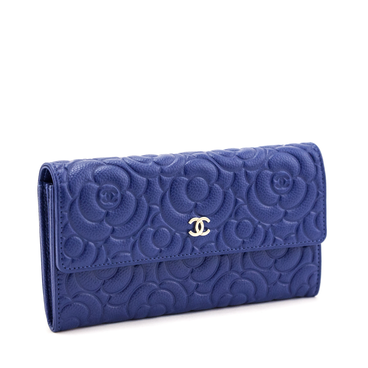 Chanel Blue Caviar Camellia Embossed Large Flap Wallet