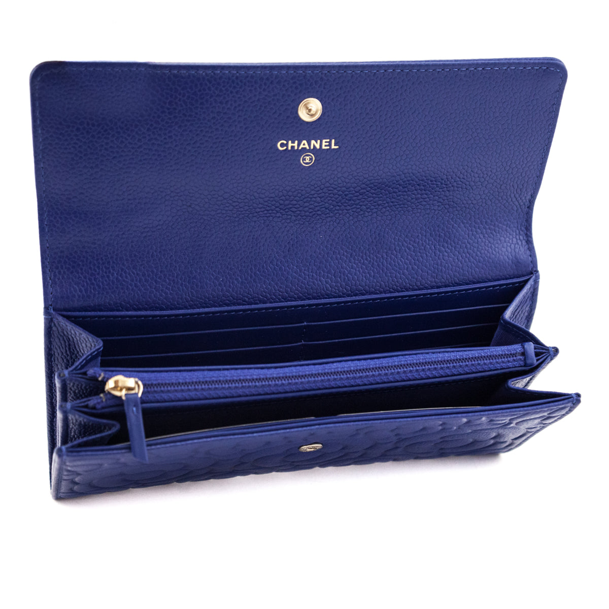 Chanel Blue Caviar Camellia Embossed Large Flap Wallet