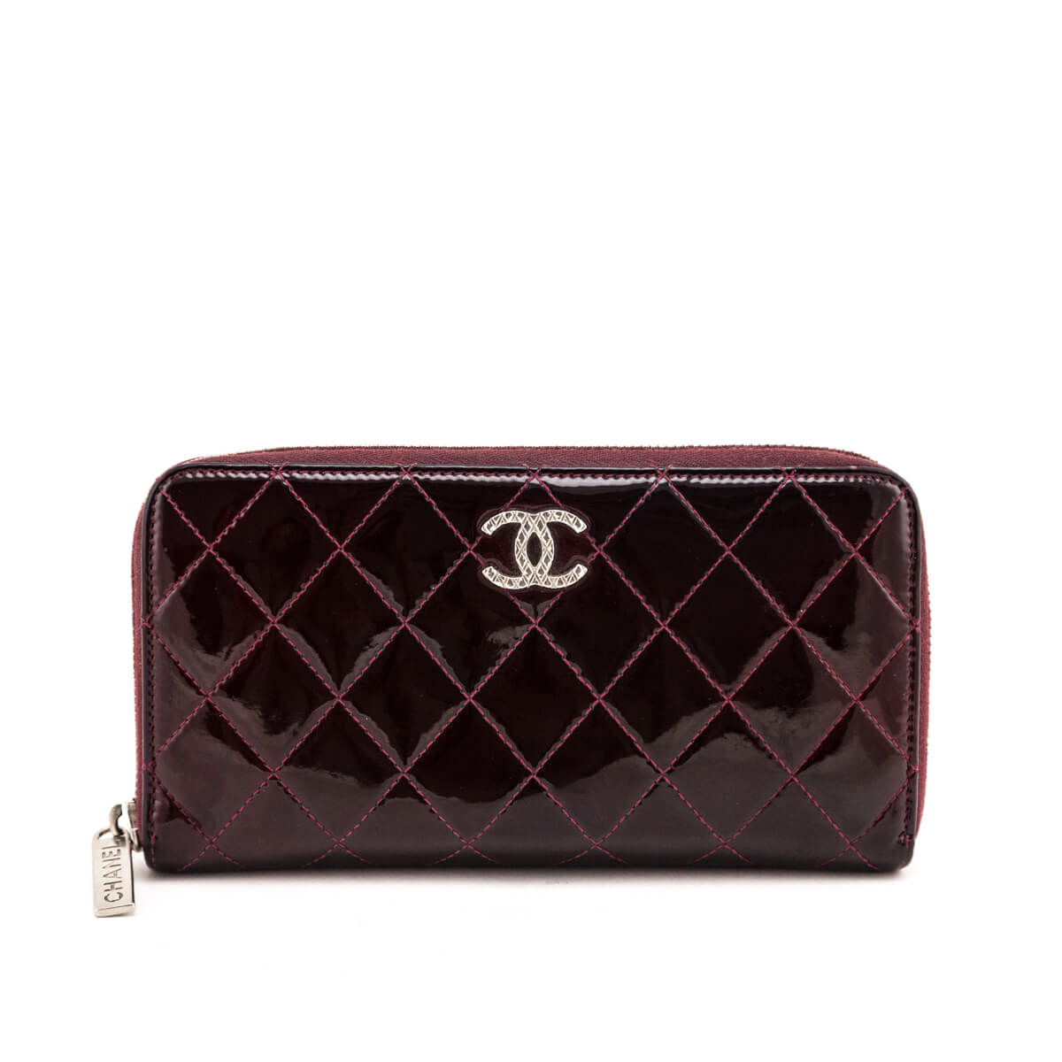Chanel Burgundy Patent Quilted CC Large Zip Around Wallet